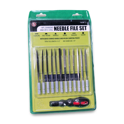 Introducing the 14pc Diamond Needle File Set, elegantly packaged in green plastic. This set is ideal for craftsmen and jewelers, featuring a variety of file shapes and a quick-change handle. It also includes a mini carrying pouch, making it perfect for detailed work.