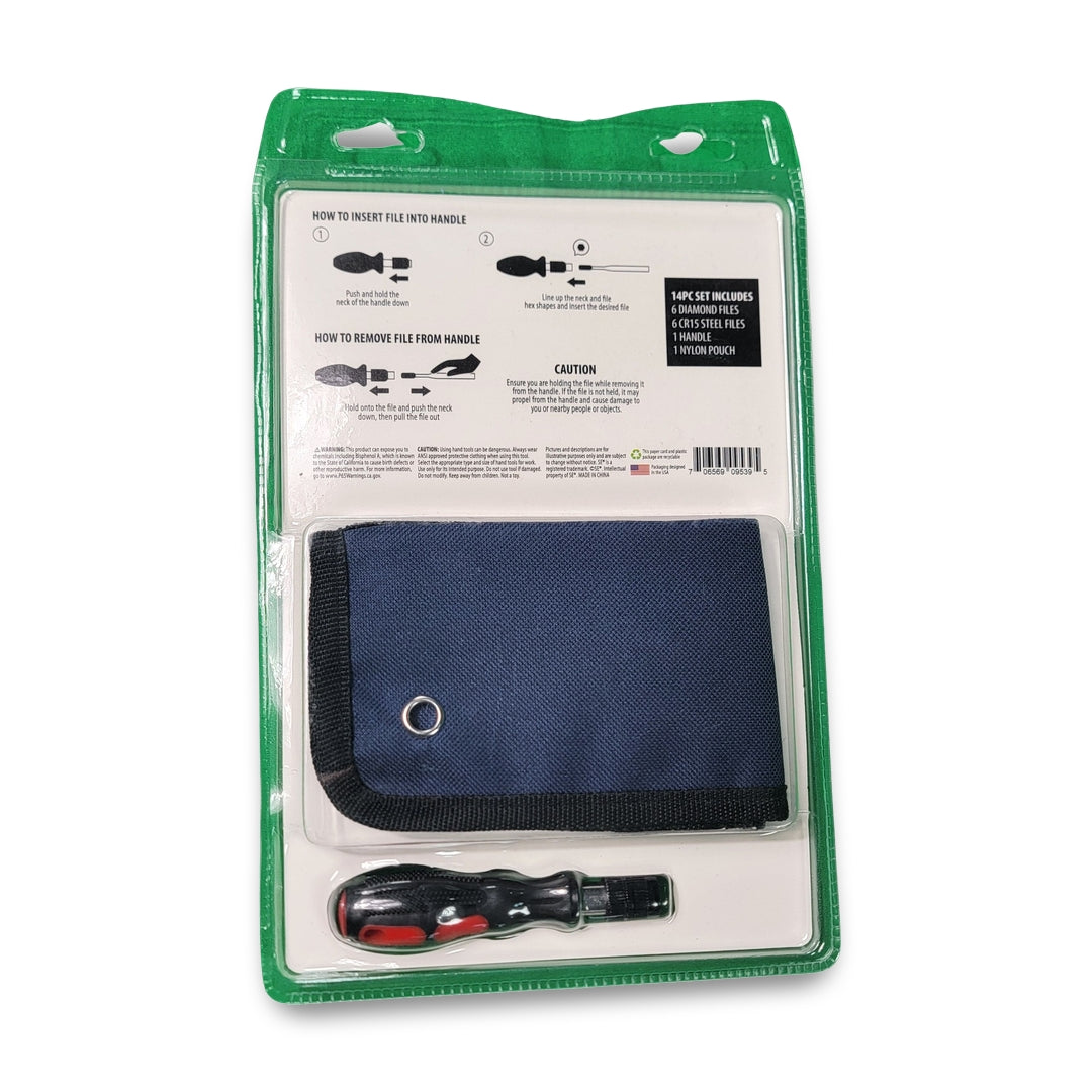 The 14pc Diamond Needle File Set comes in blister packaging, featuring a blue pouch, a screwdriver handle, and three black file heads—perfect for jewelers and craftsmen involved in intricate tasks. Instructions and cautionary details are provided on the back panel.