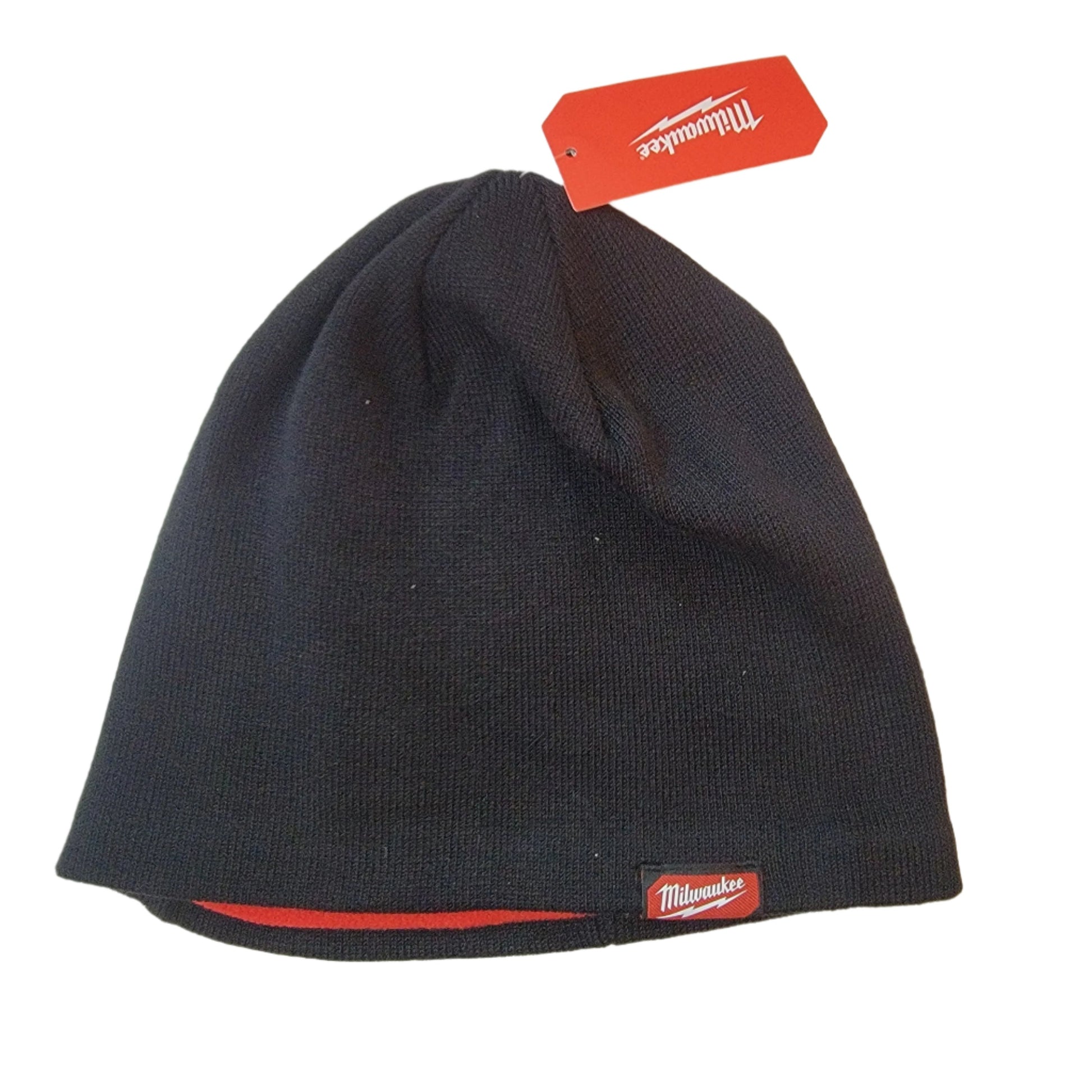 Milwaukee Beanie Hat in black, showcasing a striking red Milwaukee logo tag with matching interior lining and an attached red Milwaukee tag.