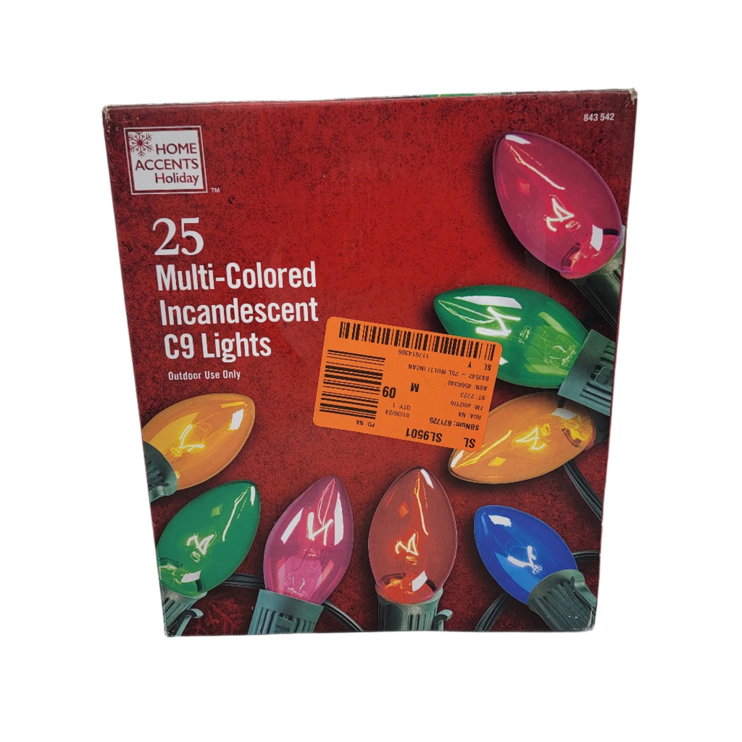 Box of 25 Home Accents Holiday multi-colored incandescent C9 lights designed for outdoor use, featuring a price sticker on the front.