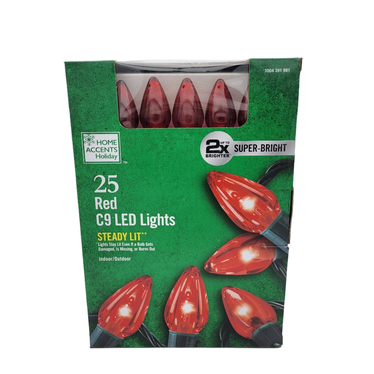 Home Accents Holiday 25 Red C9 LED Lights designed for both indoor and outdoor use, featuring the "Steady Lit" label and "2x Brighter" capability.