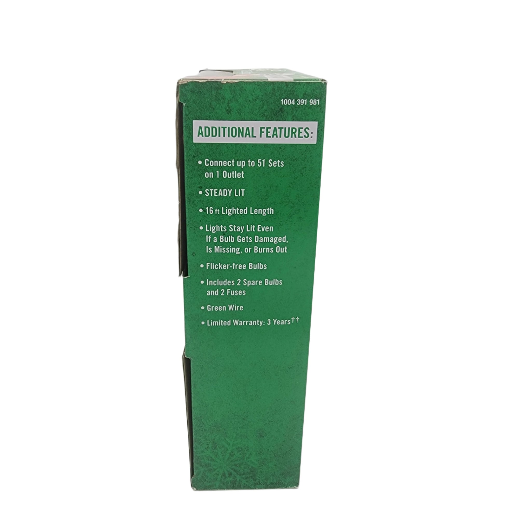 Product packaging features of the Home Accents Holiday 25 Red C9 LED Lights include: ability for a 51-set connection, steady illumination, a total length of 16 feet, continuous lighting even if one bulb fails, flicker-free operation, spare bulbs provided, green wiring, and a 3-year warranty.
