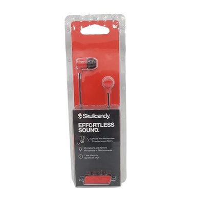 Experience the "Skullcandy Effortless Sound" earbuds, presented in their original packaging and featuring a built-in microphone and remote. Available in a striking red and black color scheme.