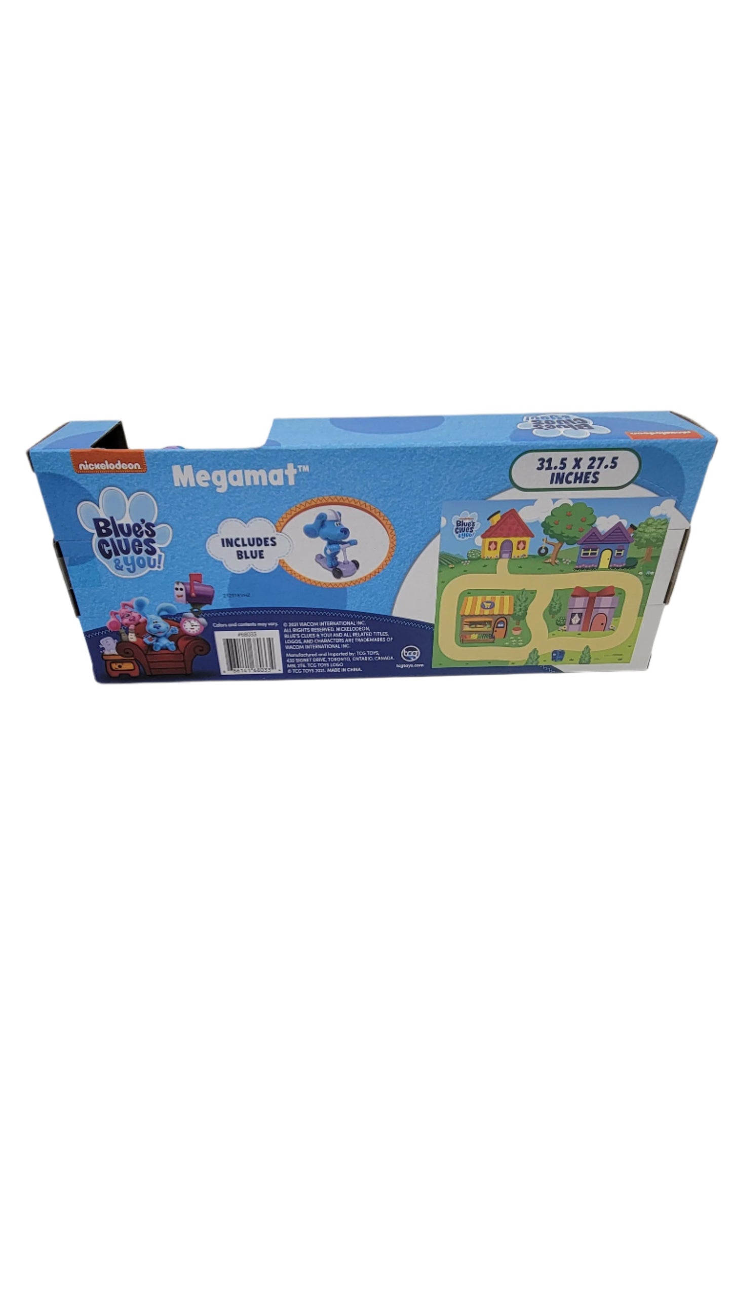 Box of a Blue Megamat, showcasing animated artwork and toy depictions, with dimensions listed as 31.5 x 27.5 inches.