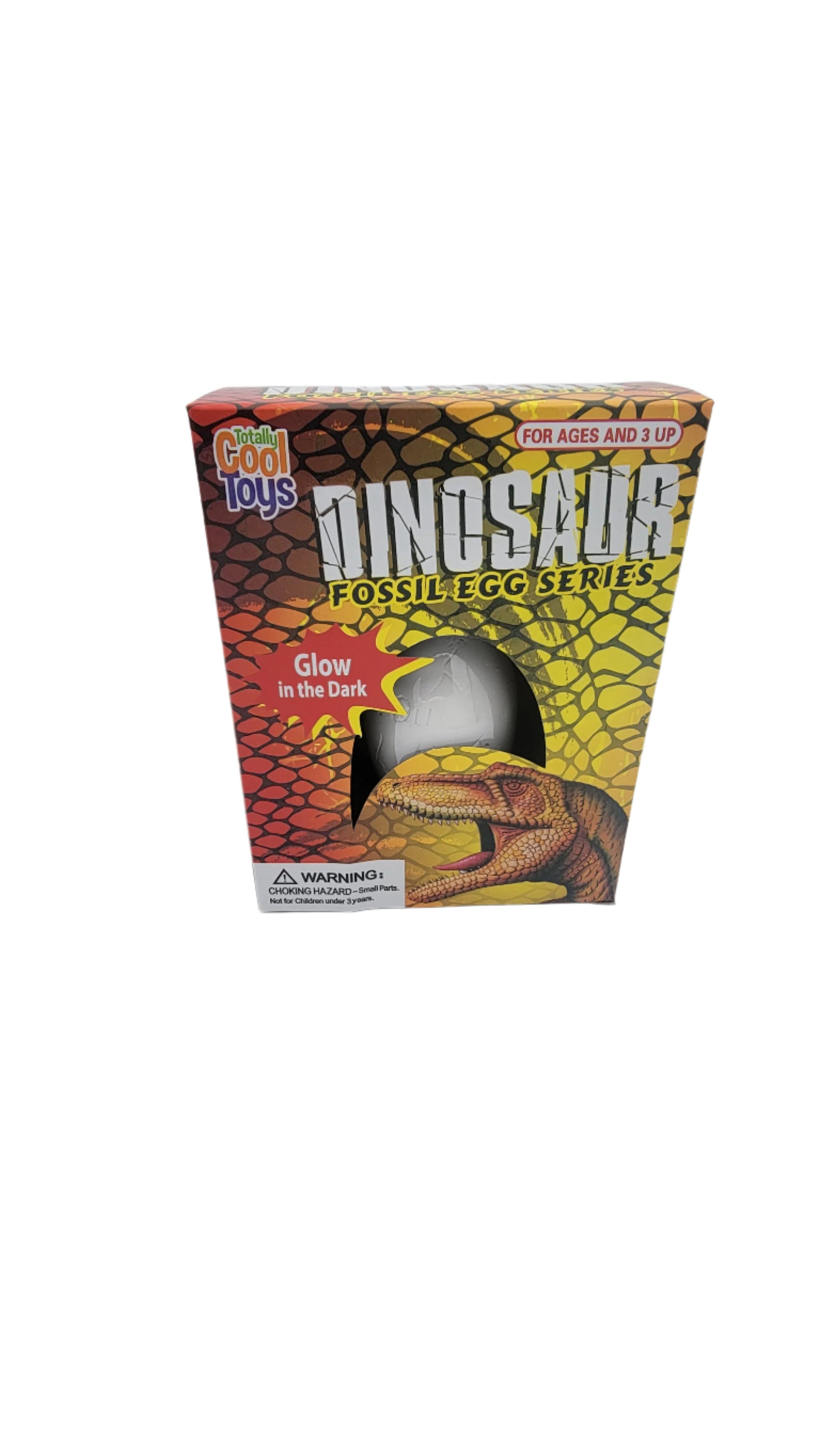 Toy packaging for 'Dinosaur egg glow in the dark,' suitable for ages 3 and up.