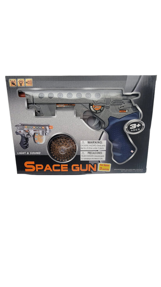 Introducing the Space Gun: A toy designed for ages 3 and up, complete with exciting light and sound effects.