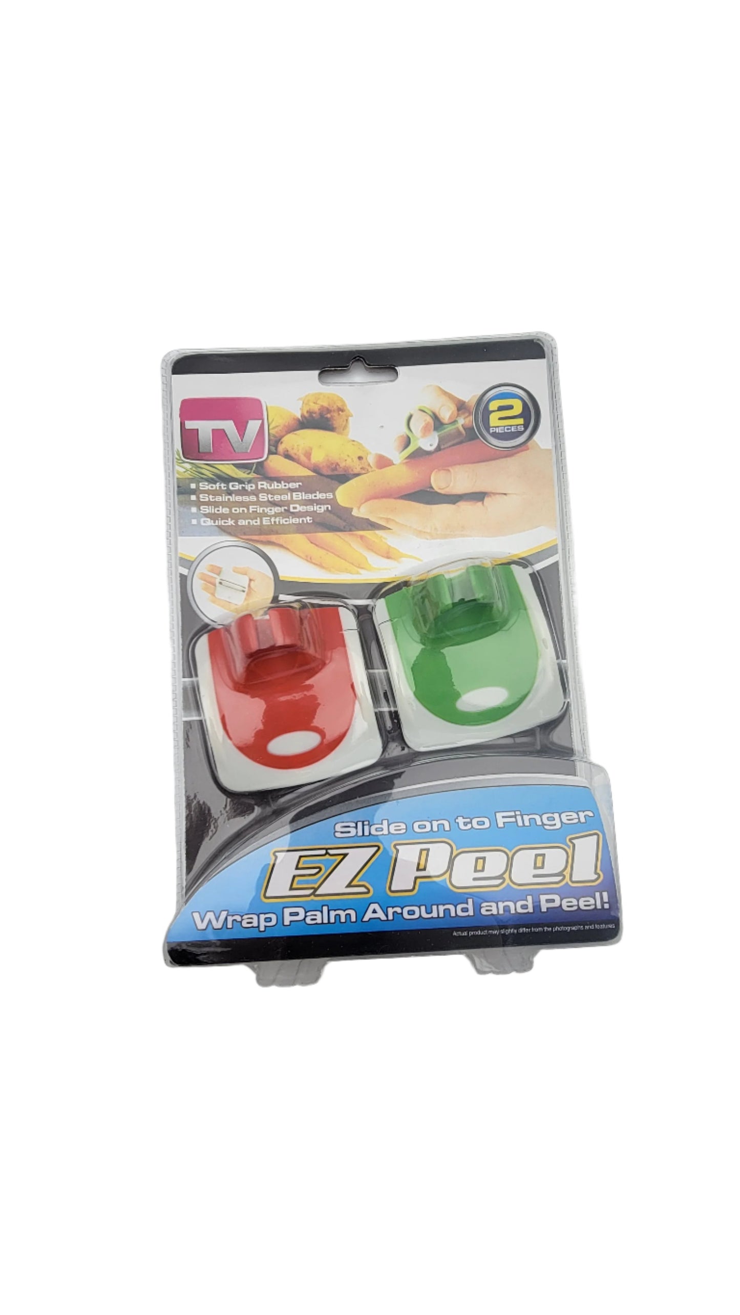 Set of Ez Peel kitchen tools featuring a red and a green peeler, crafted to fit comfortably on fingers for easy peeling.