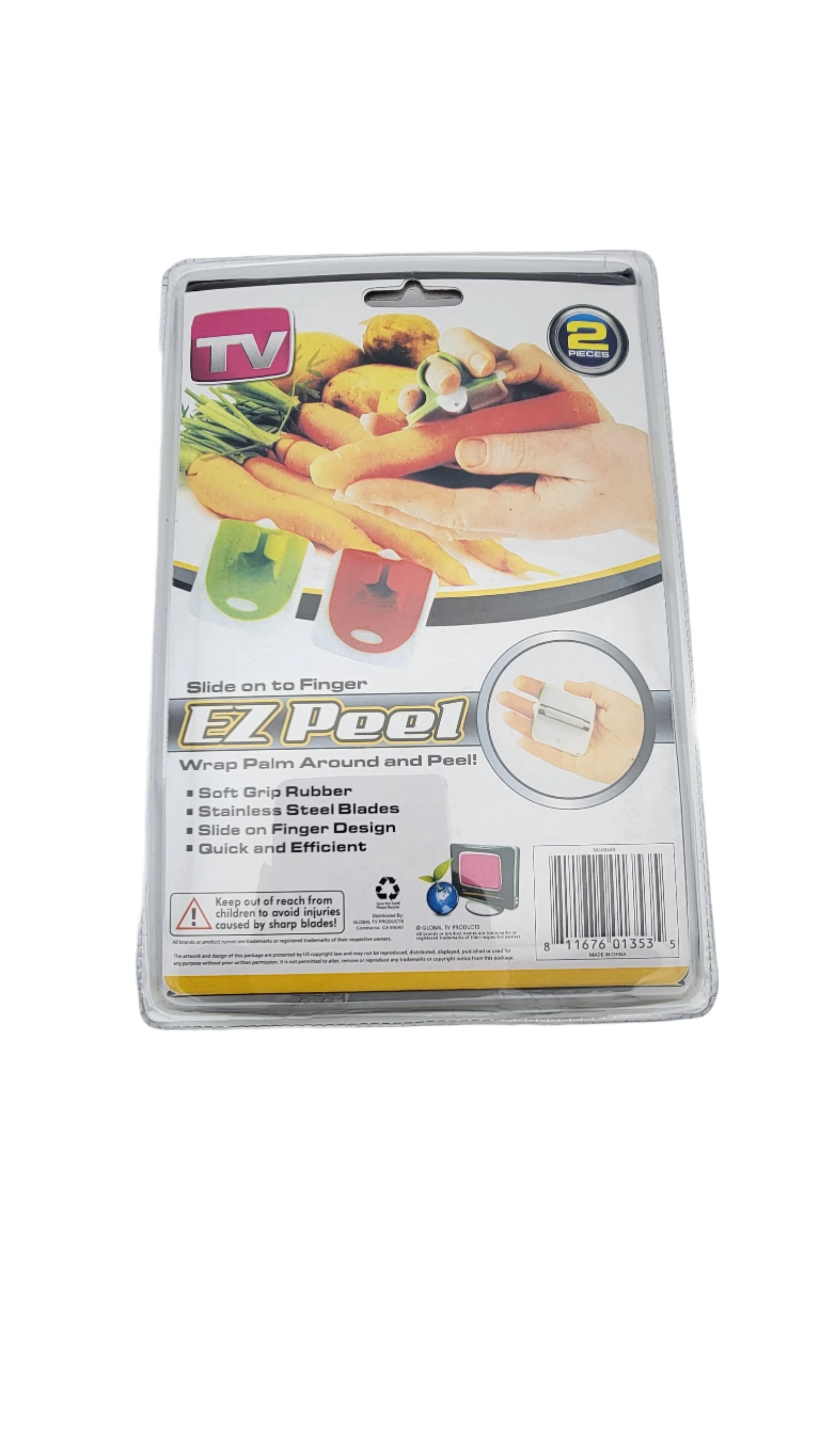 Packaging for the "2 pc EZ Peeler" displays images of the peeler being used on carrots, while highlighting its features such as a slide-on finger grip and soft rubber material.