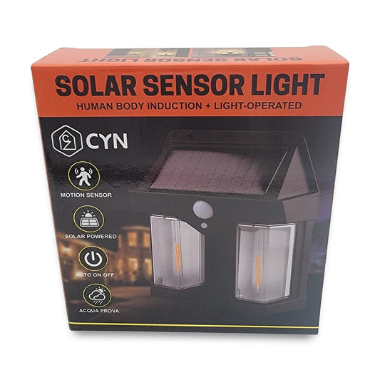 Box of a solar sensor light with features listed: motion sensor, solar powered, auto on/off, waterproof. The brand name "CYN" is prominently displayed in the top left corner.