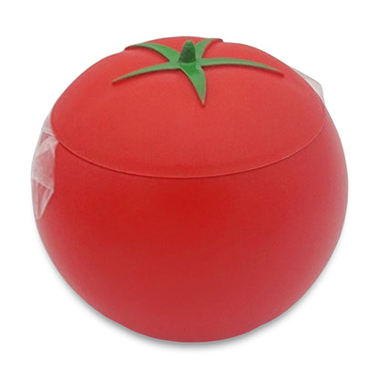 Introducing the Tomato Container: a round, red container crafted to resemble a tomato, featuring a removable lid with an eye-catching green stem detail.