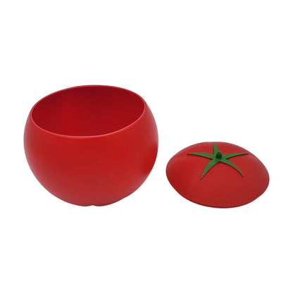 Tomato container resembling a red tomato with a separate lid positioned on the right side.