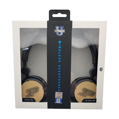 Packaging of Purdue headphones featuring a "P" logo, highlighting features such as 5-hour playtime and a 2-hour charge time.