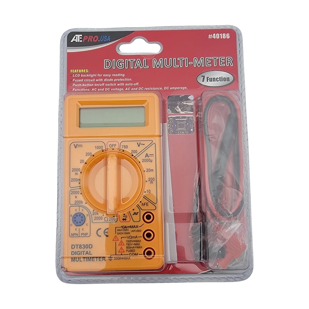 Packaging of a digital multi-meter that comes with probes, showcasing a yellow body and various settings, set against a red and gray background.