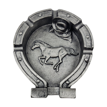 Wild stallion ash trash horse decor featuring a hat design and a horse engraving in the shape of a metal horseshoe.