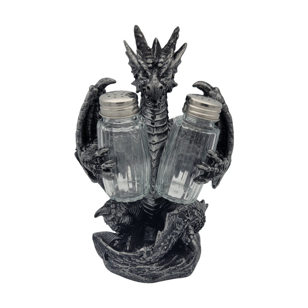 A Blackened Dragon Salt & Shaker holder featuring a dragon design clutching two glass shakers in its claws.