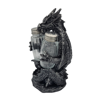 Introducing the Blackened Dragon Salt & Shaker set, featuring a dragon-shaped holder complete with two glass containers for salt and pepper.