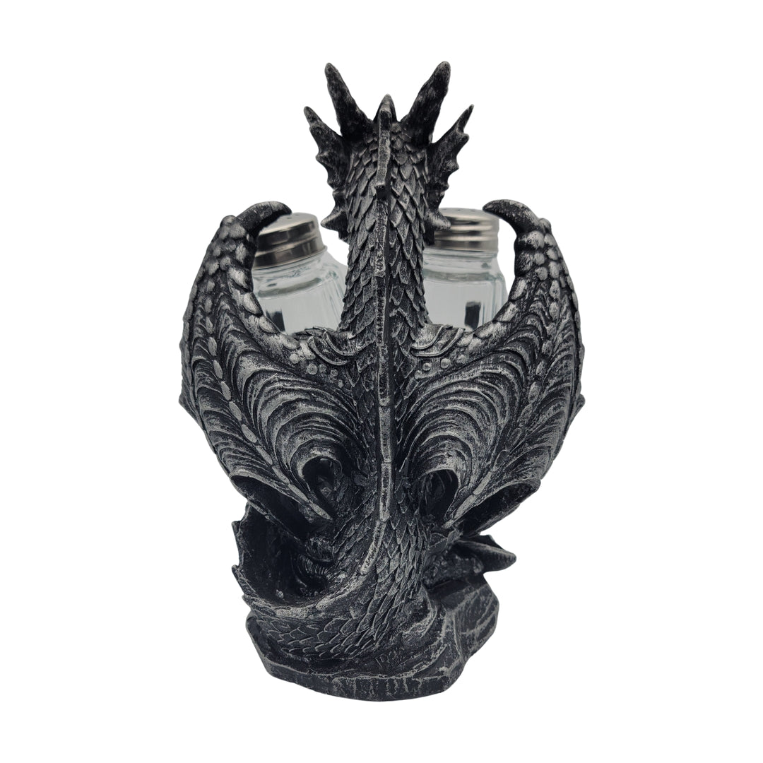 Blackened dragon salt & shaker featuring a dark, scaly holder design and two glass jars with silver lids.