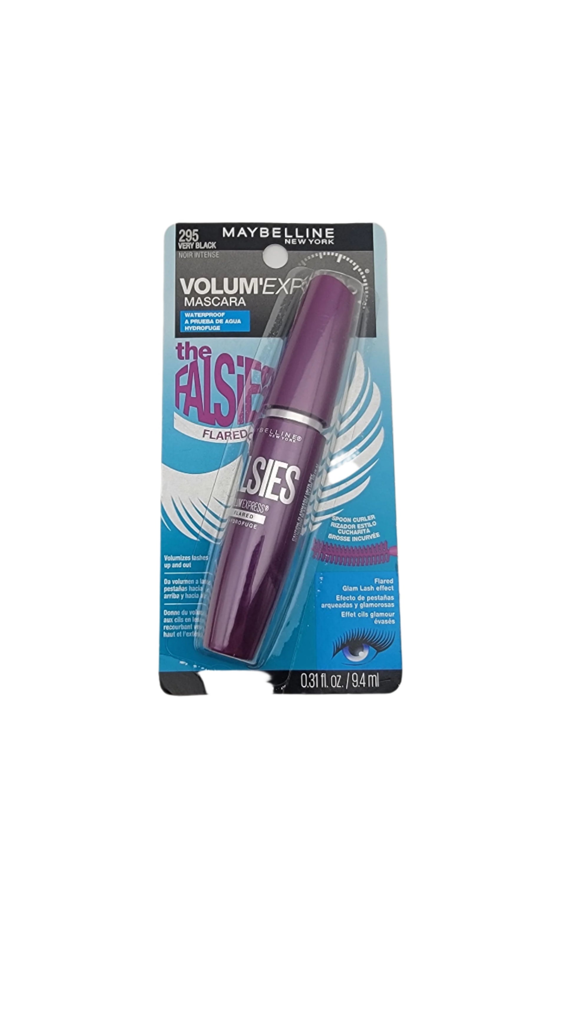 Featuring a vibrant purple tube set against a blue and white backdrop, the packaging of Maybelline The Falsies Mascara in blackest black stands out.