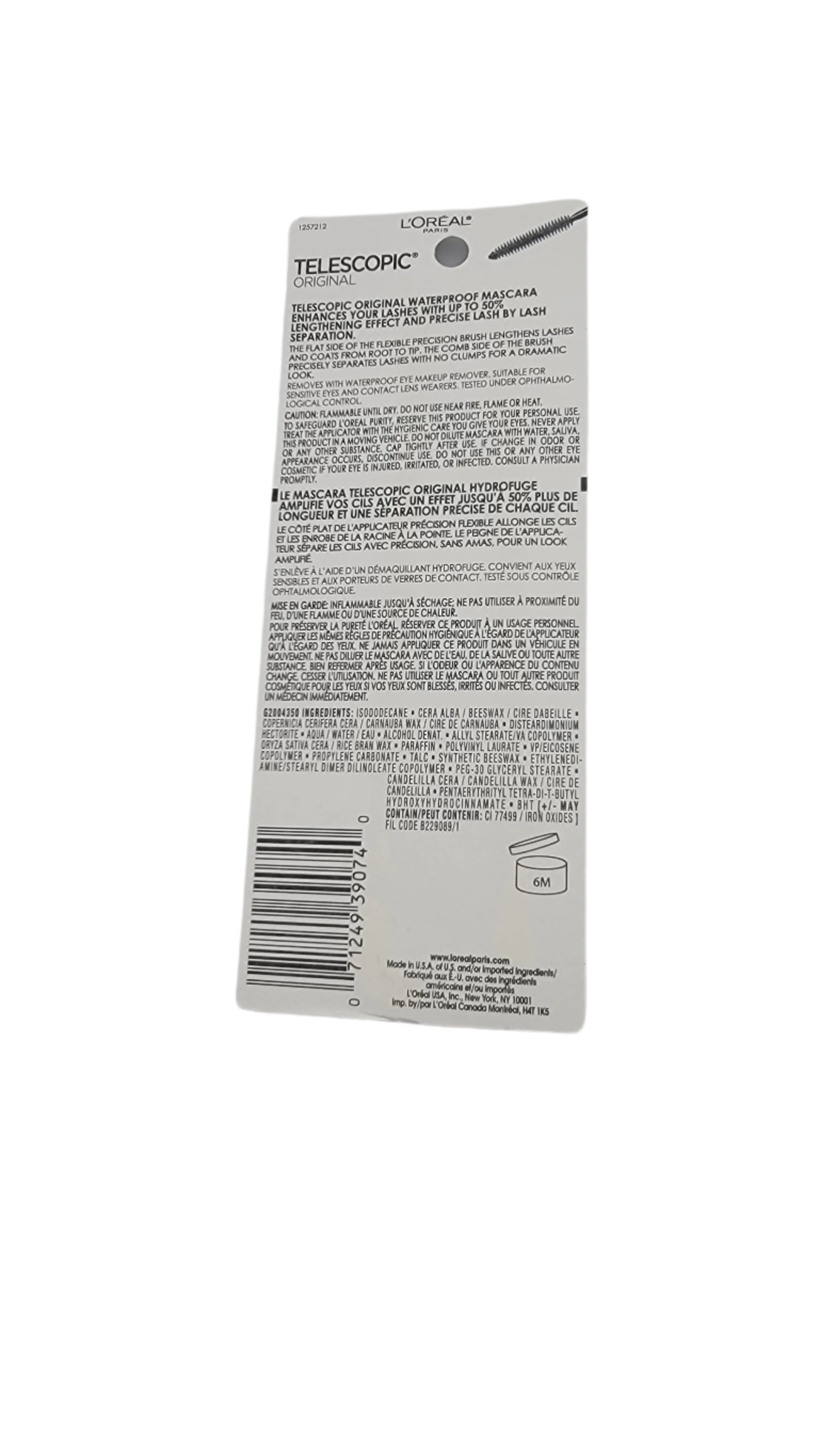 Reverse side of a L'Oréal Telescopic Mascara packaging, showcasing details about the product along with a barcode.