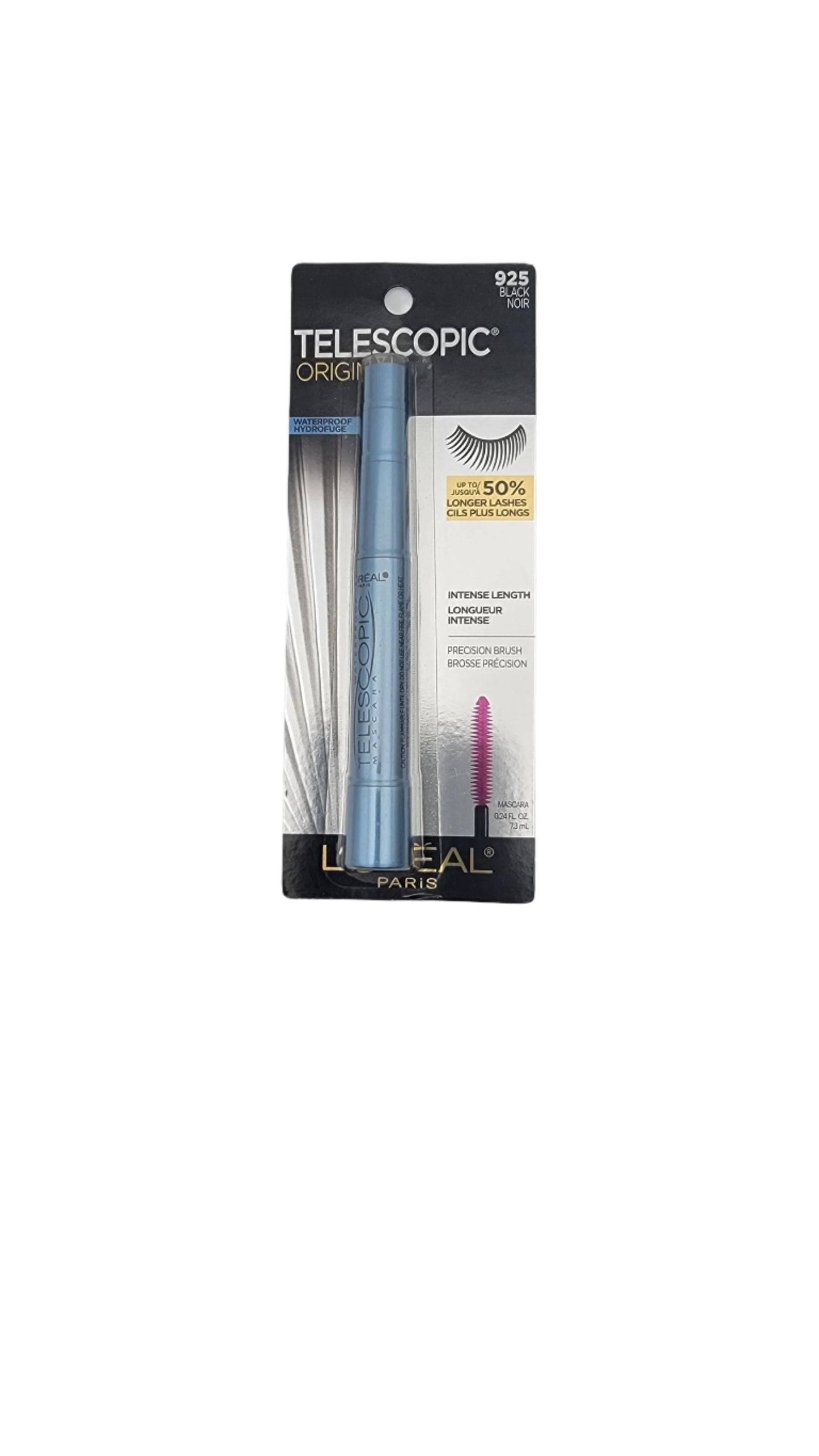 Close-up of L'Oreal Telescopic mascara packaging, showcasing a silver tube and a pink brush, highlighting product benefits and shade 925, blackest black.