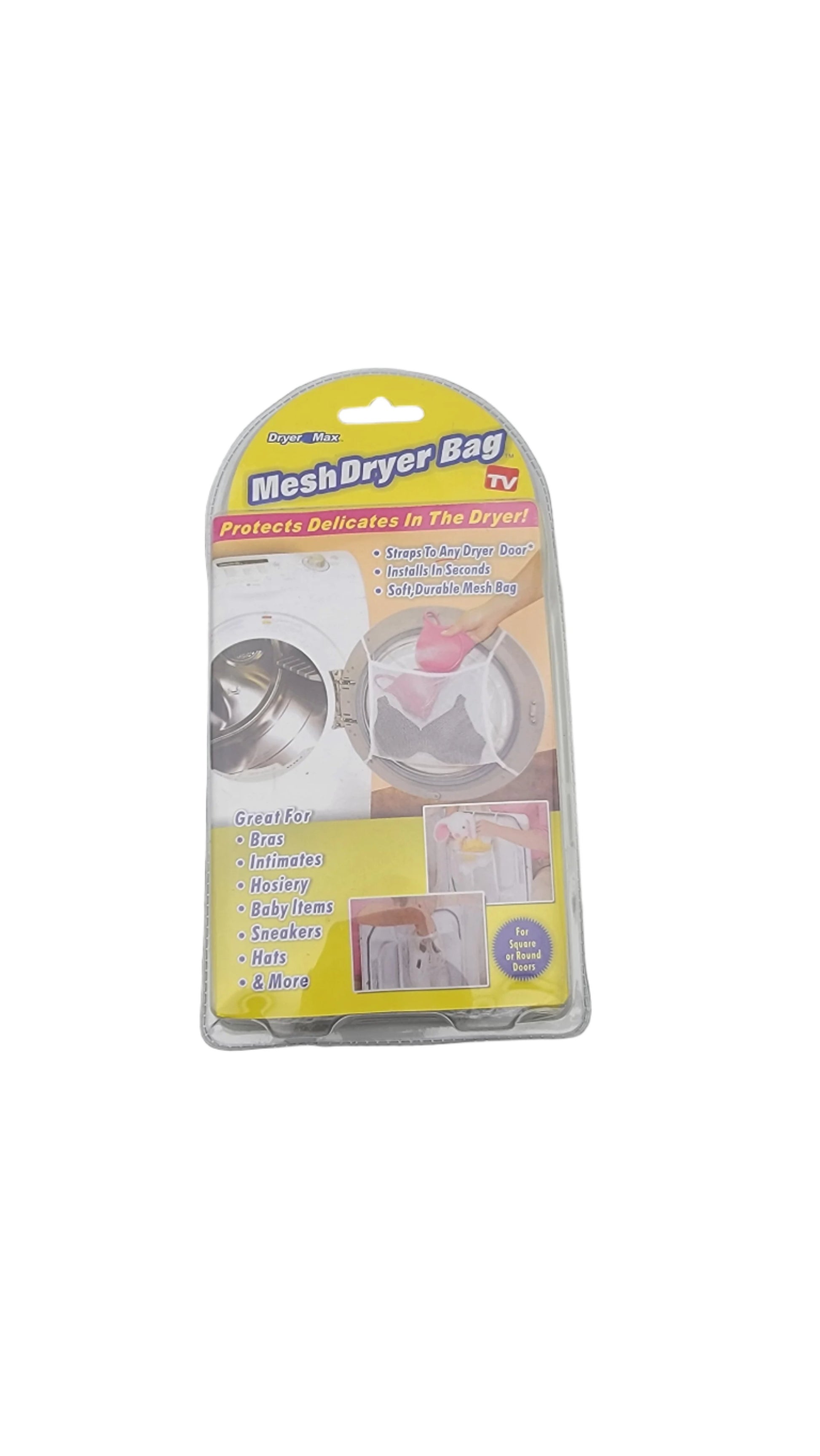 Packaging of the Mesh Dryer Bag promotes its ability to safeguard delicate items in the dryer, showcasing product images and highlighting benefits such as suitability for hats, intimates, hosiery, and more.