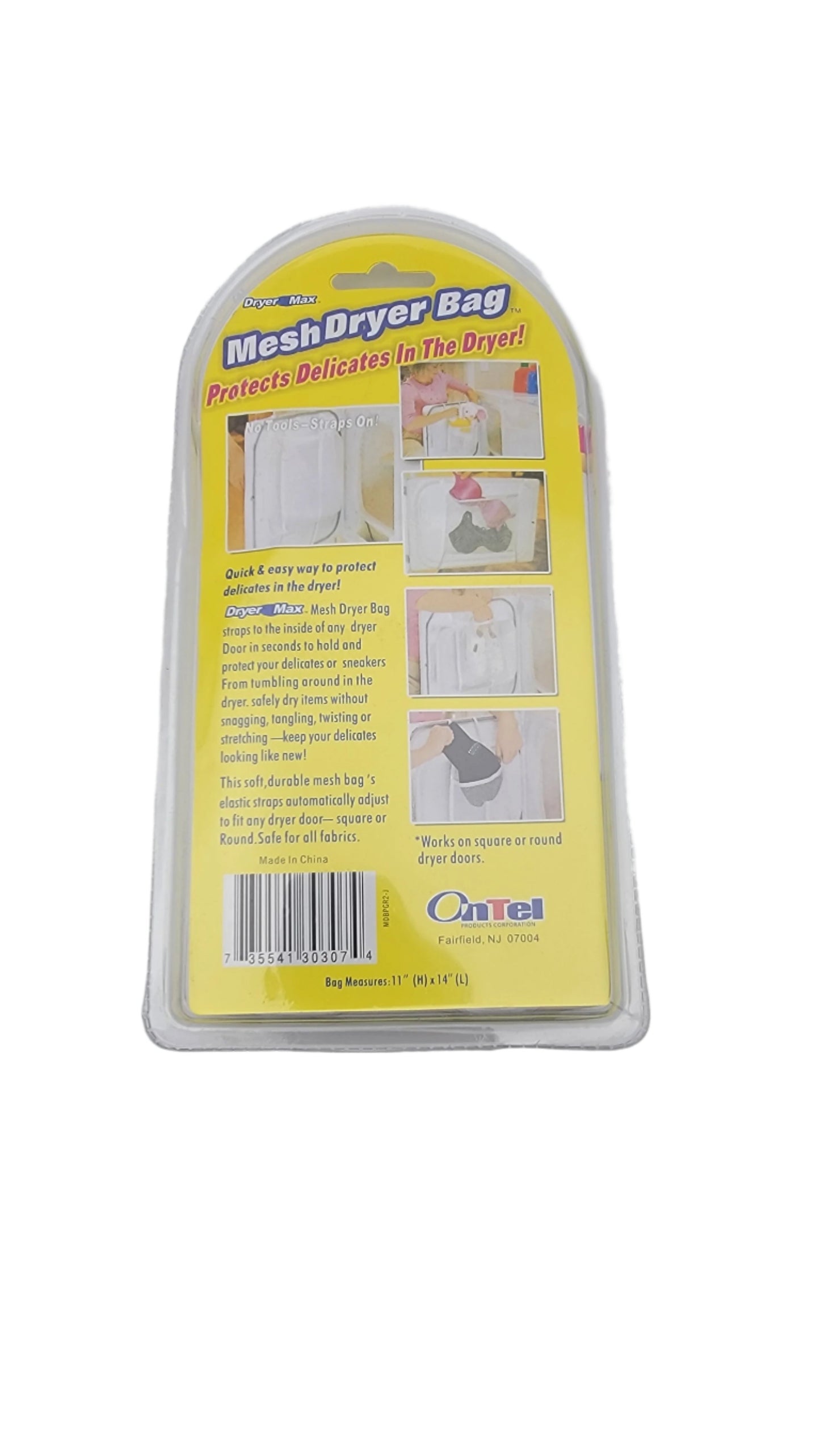 Packaging of a Mesh Dryer Bag, featuring instructions and product usage images, with the slogan "Protects Delicates In The Dryer!