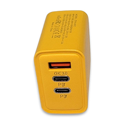 The 3 Ports 65W Fast Chargers is a compact, yellow travel charger designed with flame-retardant material for safety. It includes two USB-C "PD" ports and one USB-A "QC 3.0" port, ensuring efficient device charging while on the move.