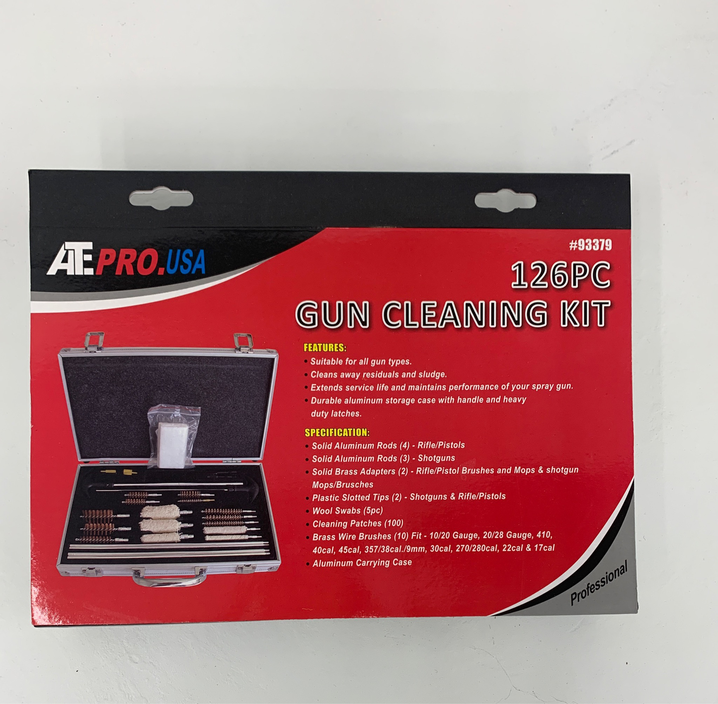 Image of a 126-piece gun cleaning set by AT PRO USA. The red and black box highlights features such as compatibility with all gun types, and it includes rods, brushes, adapters, along with a durable aluminum storage case.