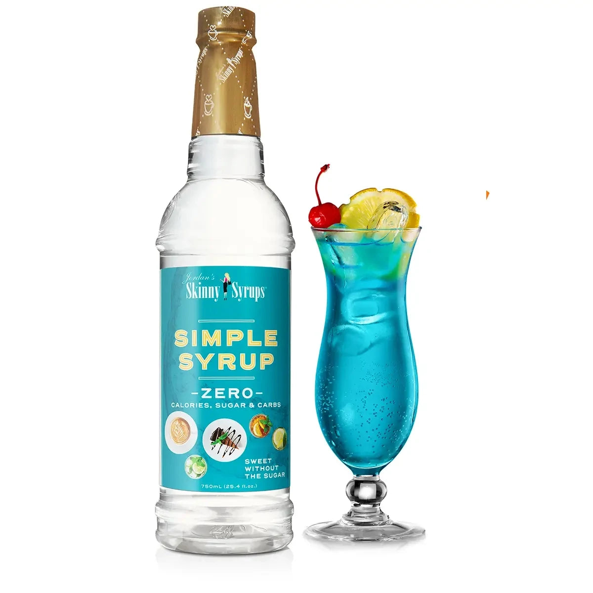 A bottle of Sugar Free Simple Syrup, 25.4 oz, next to a blue cocktail garnished with lemon, lime, and a cherry.