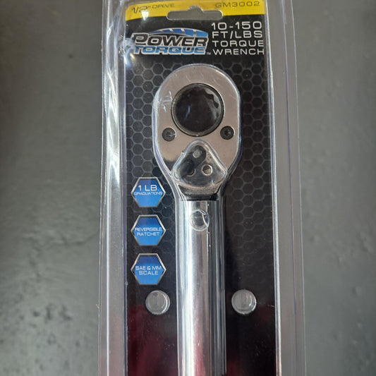 A Power Torque 1/2" Drive Torque Wrench in its packaging, featuring specifications of 10-150 ft/lbs, a reversible ratchet, and both SAE & MM scale.