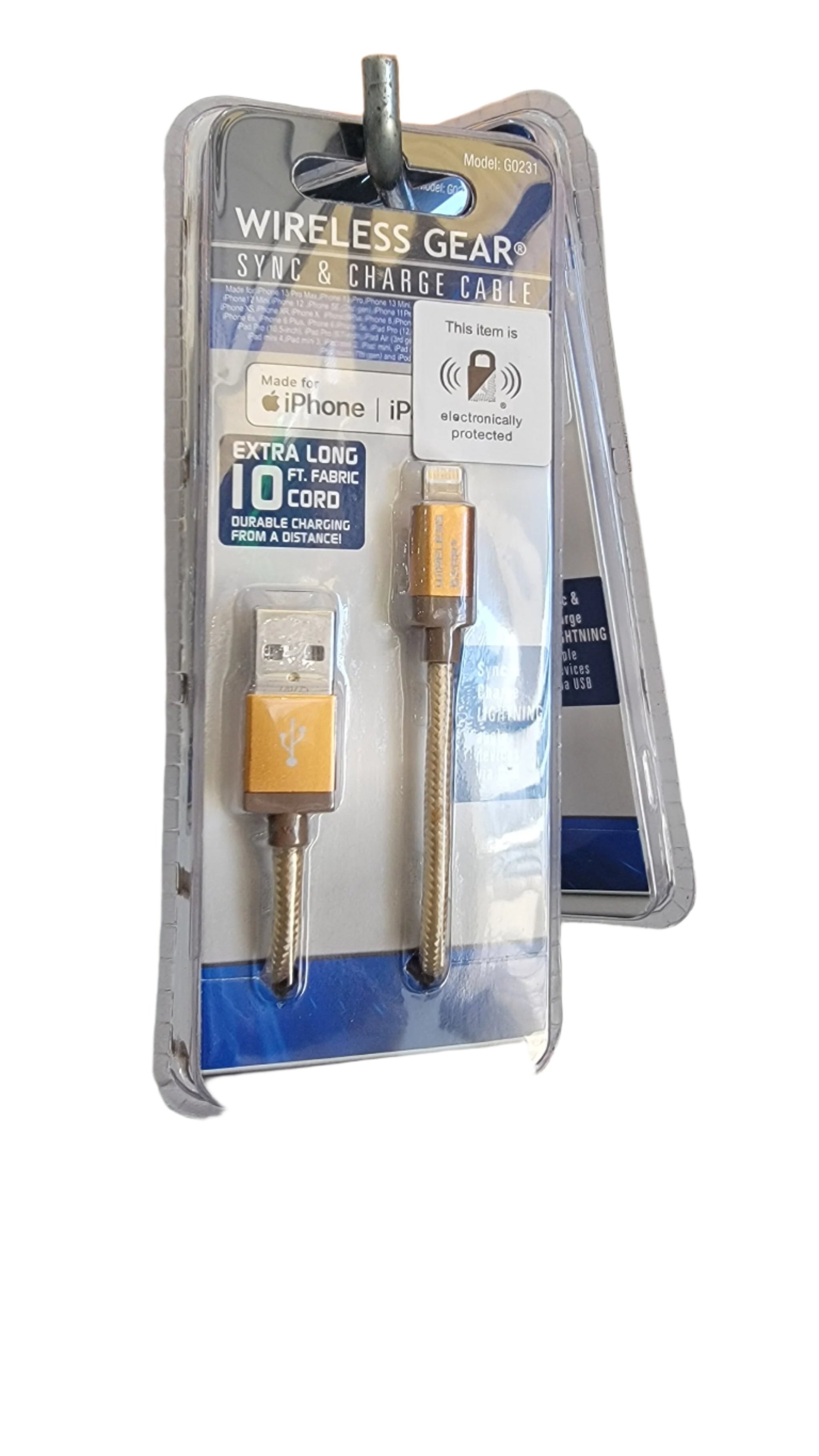 Package of Apple charging cable for iPhone/iPad priced at $9.99. Cables are yellow with durable fabric and braided cords.