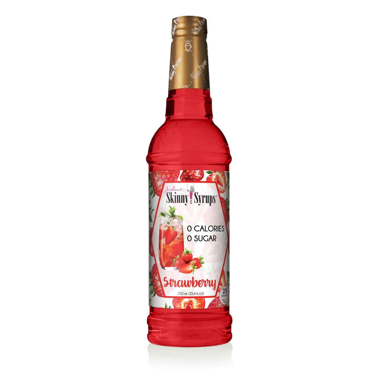 A 25.4oz bottle of Jordan's Skinny Syrup Strawberry, labeled as sugar-free with 0 calories and 0 sugar.