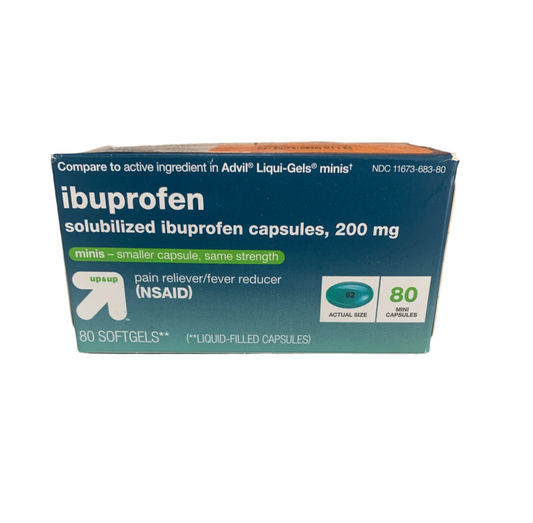 Box of Ibuprofen 80 capsules, each containing 200 mg as a pain reliever and fever reducer, featuring smaller capsules compared to Advil Liqui-Gels minis.