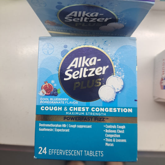 A box of Alka Seltzer Plus 24 tablets for cough and chest congestion, featuring a cool blueberry pomegranate flavor.