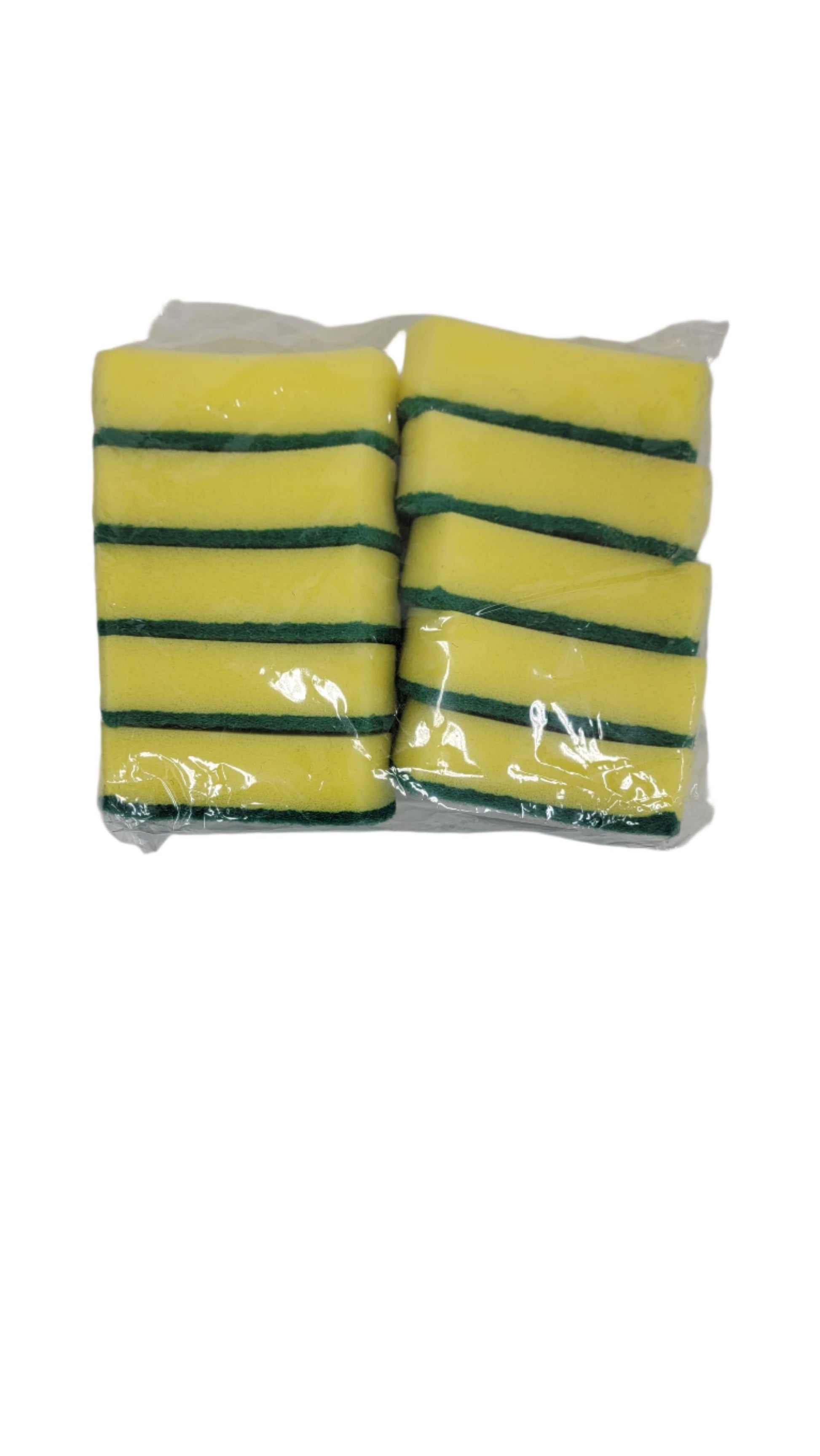 A pack of 10 affordable, yellow and green striped cleaning sponges in clear plastic packaging is placed on a white surface. Perfect for versatile cleaning, these long-lasting sponges offer great value with their vibrant colors and practical design.