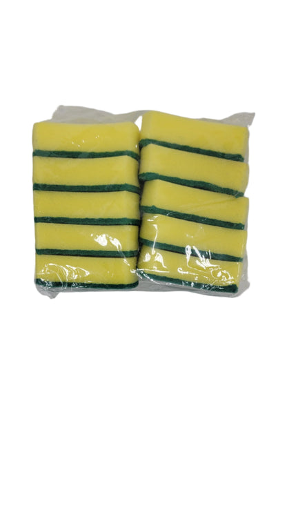 A pack of 10 affordable, yellow and green striped cleaning sponges in clear plastic packaging is placed on a white surface. Perfect for versatile cleaning, these long-lasting sponges offer great value with their vibrant colors and practical design.