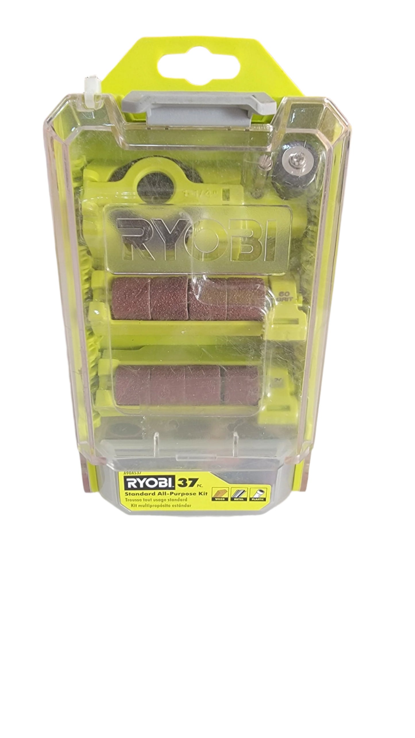 A Ryobi 37-piece RYO All-Purpose Kit (m17360506) in its packaging displayed on a white surface with a blurred background. The versatile RYO All-Purpose Kit ensures precision and ease for your projects.