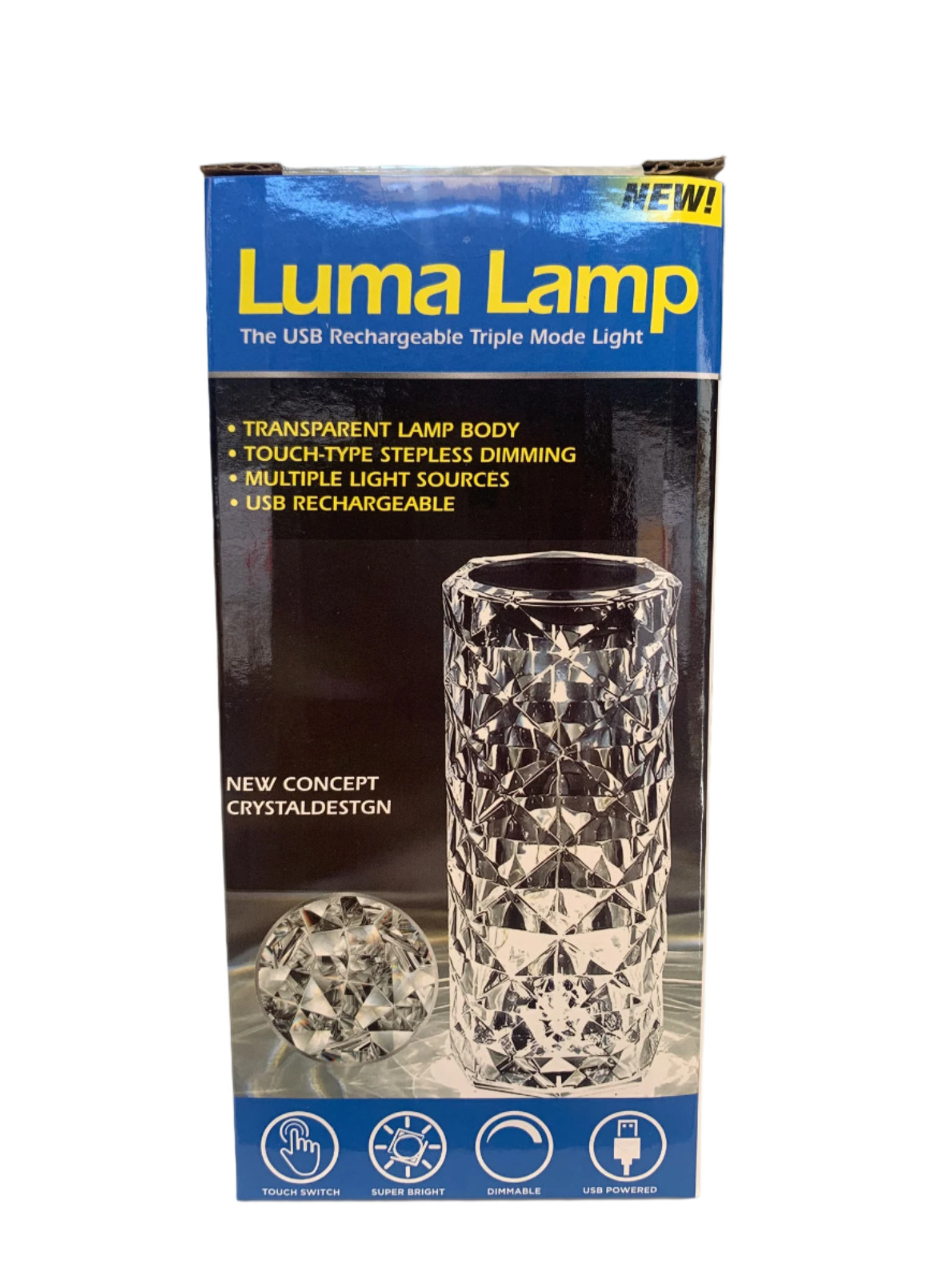 Close-up of a Luma LED Acrylic Crystal Lamp - "USB Powered" product box on a store shelf, highlighting features such as USB rechargeable convenience, touch-type stepless dimming, multiple light sources, and a transparent crystal design—perfect for bedside tables.