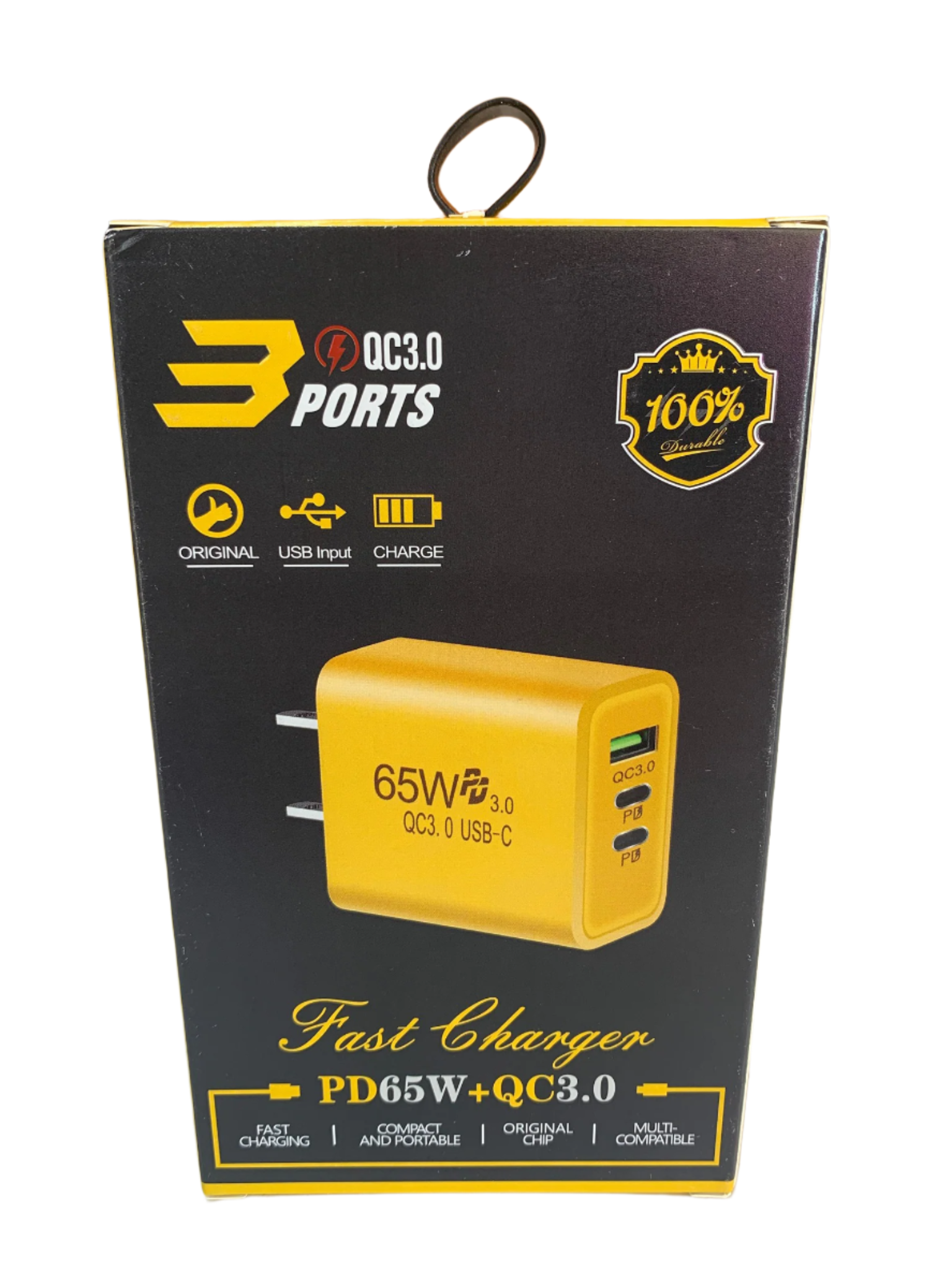 Image of the packaging box for the 3 Ports 65W Fast Chargers, showcasing three ports (QC3.0, USB, Type-C), with "100% Genuine" and "Fast Charger" prominently displayed.