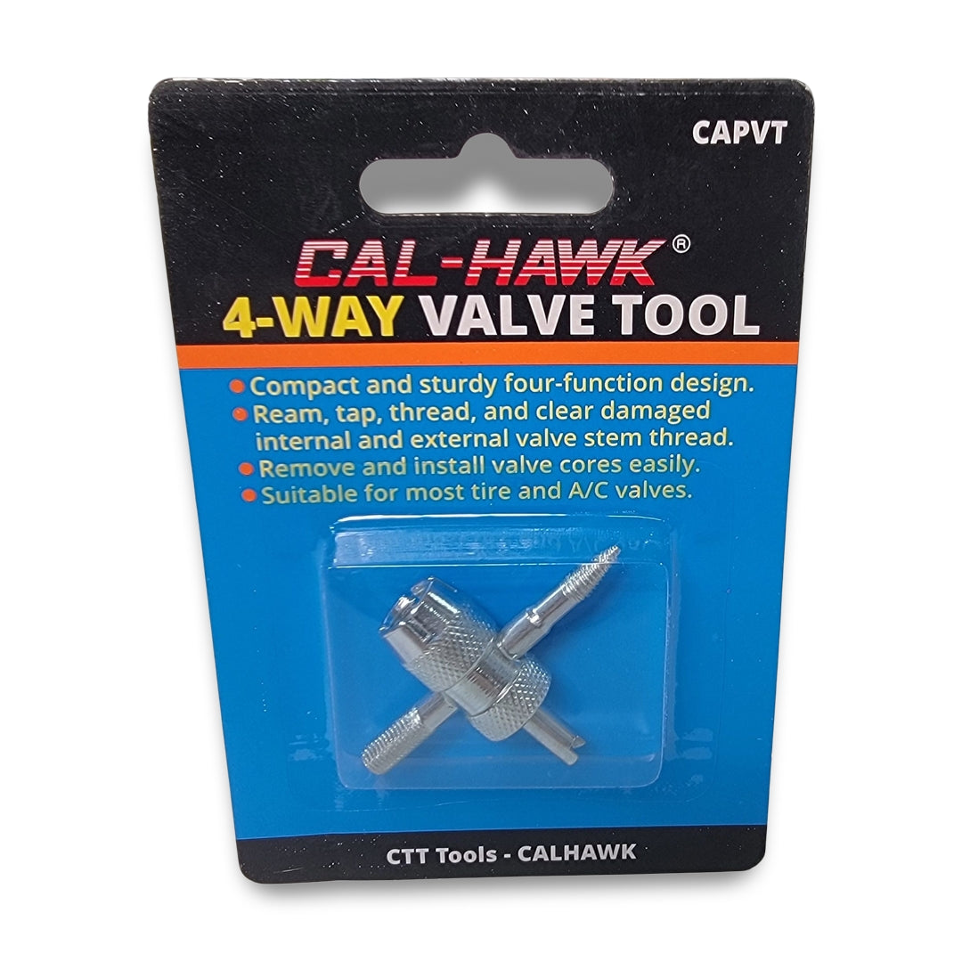 The packaging for the 4 Way Valve Tool highlights its versatile design, making it perfect for reaming, tapping, threading valve stem threads, and removing valve cores. It's ideal for use with most tire and A/C valves.