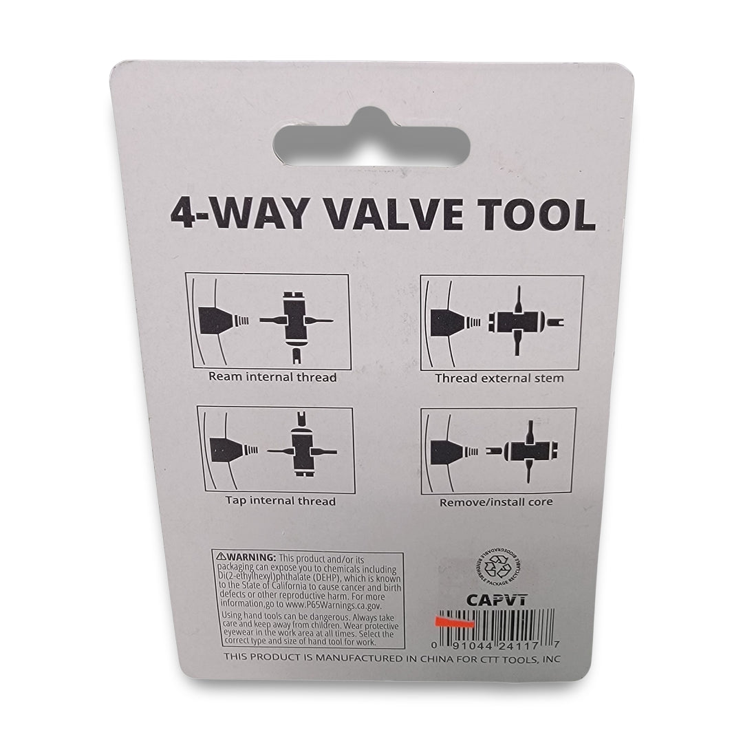 The packaging for the 4 Way Valve Tool includes diagrams illustrating how to ream internal threads on A/C valves, thread external stems, tap internal tire valve threads, and remove or install cores. It also features a warning label.