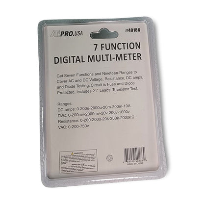 Packaging of the digital multi-meter from AE Pro USA includes information on its 7 functions, such as AC/DC measurement ranges, resistance measurement, and diode testing capabilities. It comes with leads, a transistor test feature, and circuit protection.