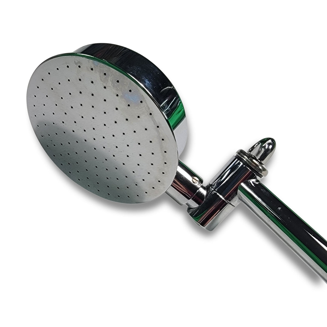 The All Directional Shower Head, featuring a chrome finish with multiple small holes, is mounted on an adjustable arm against a white background.