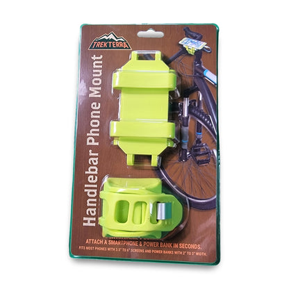 The packaging of the TrekTerra Silicone Multifunction Handlebar Bicycle Phone Mount highlights a vibrant lime green holder that securely fastens your smartphone to a bike. With its adjustable size and compatibility with power banks, it is ideal for charging devices while on the move.