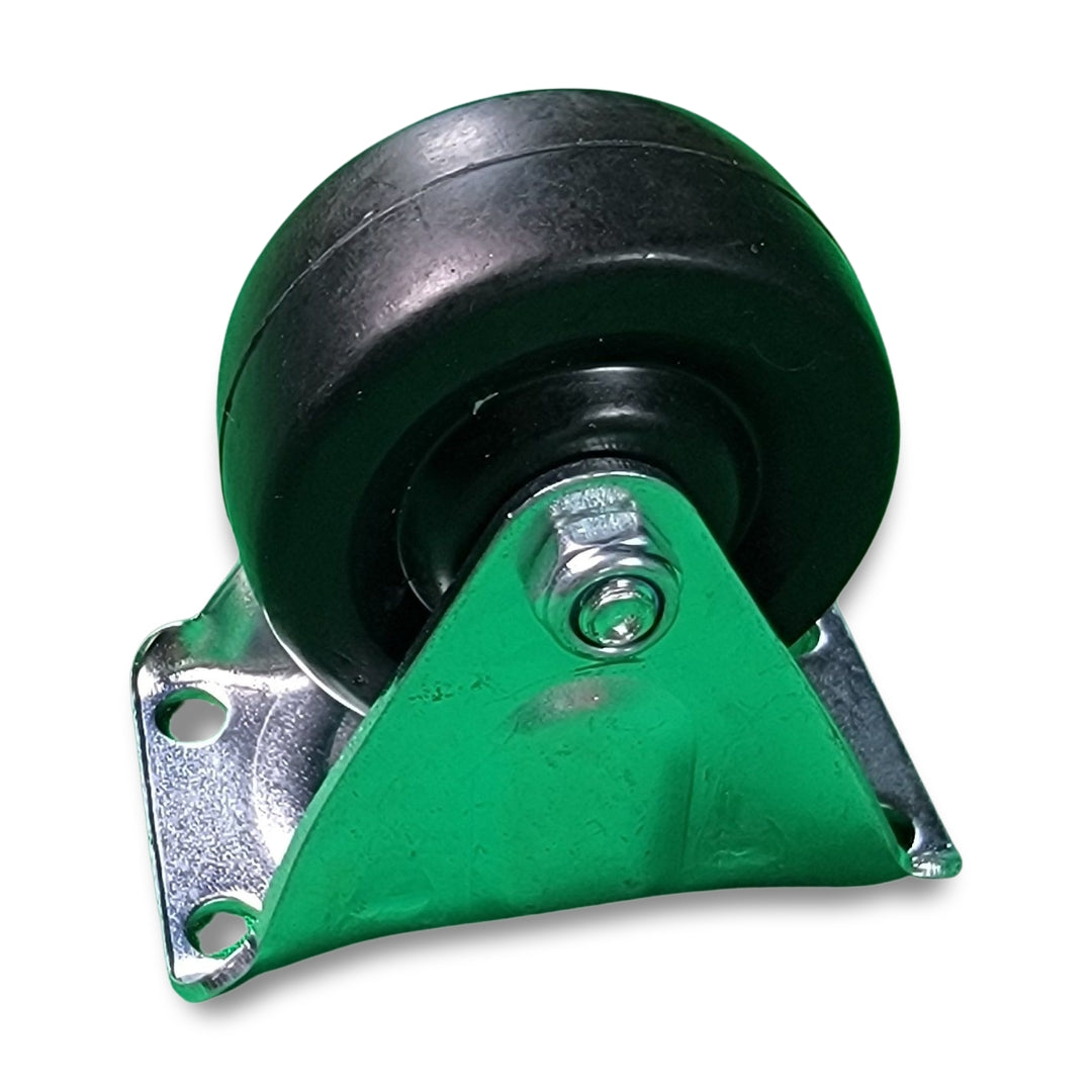 A single Rubber caster wheel in black comes with a metal mounting bracket that includes two bolt holes on each side for secure attachment.