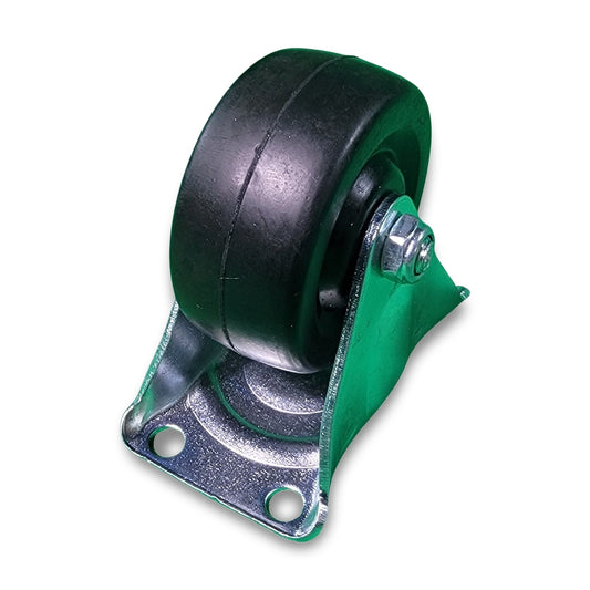 A single rubber caster wheel in black, mounted on a metal bracket featuring two screw holes.