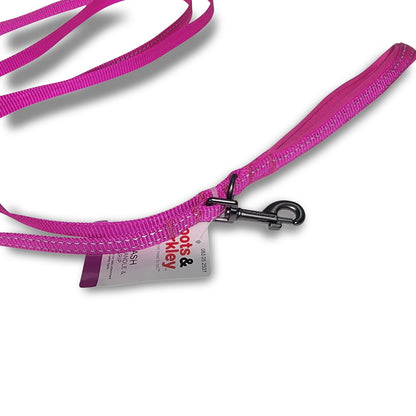 The Boots & Barkley reflective dog leash is a pink 6ft leash featuring a sturdy metal clip and tag, designed for dogs up to 25lbs, shown on a white background.