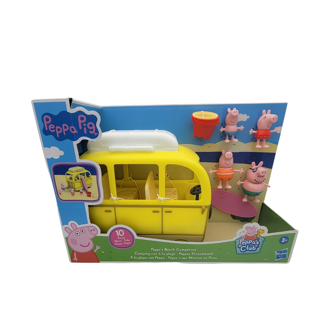 Peppa Pig Campervan toy set featuring a yellow camper van, three character figures, and beach accessories, all packaged in a colorful display box.