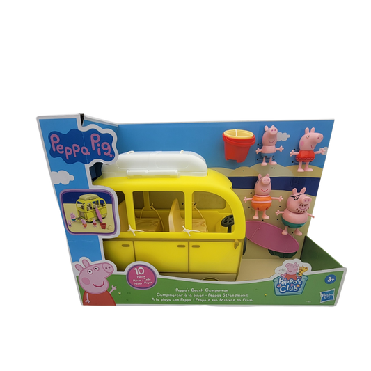 Peppa Pig Campervan toy set featuring a yellow camper van, three character figures, and beach accessories, all packaged in a colorful display box.