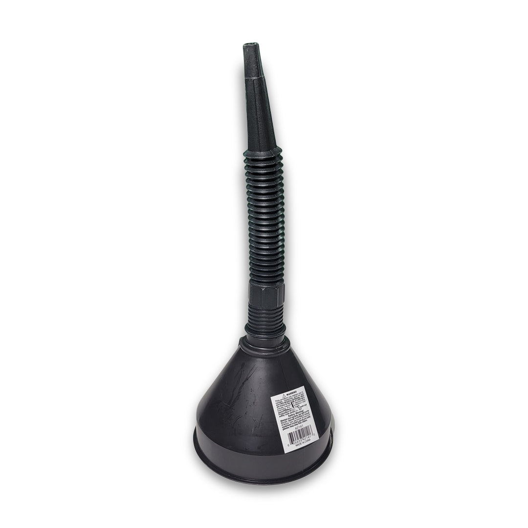 The Funnel flexible is a black plastic funnel featuring a detachable spout and a barcode label on its side.